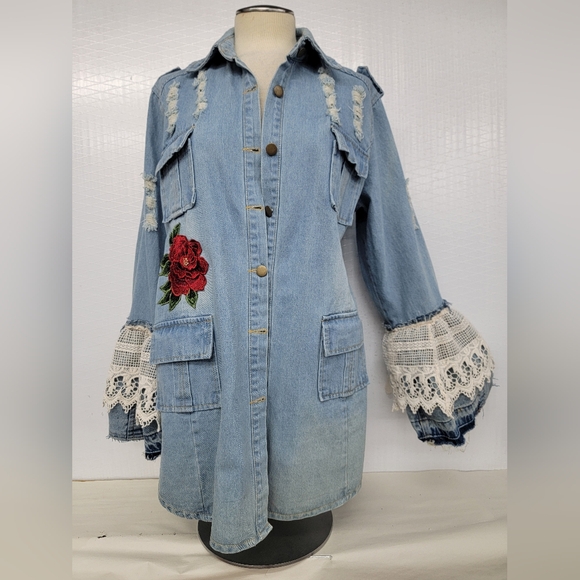 Rock Tour Jean Jacket with Lace Gypsy Bell Sleeves Upcycled Retro Rock Merc - Picture 2 of 14